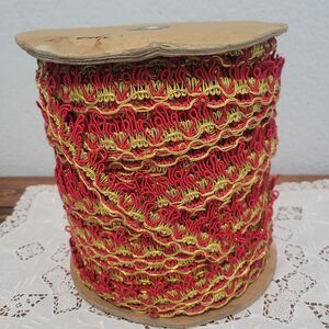 Vtg 8" x 8" spool Trim Red Gold Metallic woven lace sewing Holiday 26 yds approx
